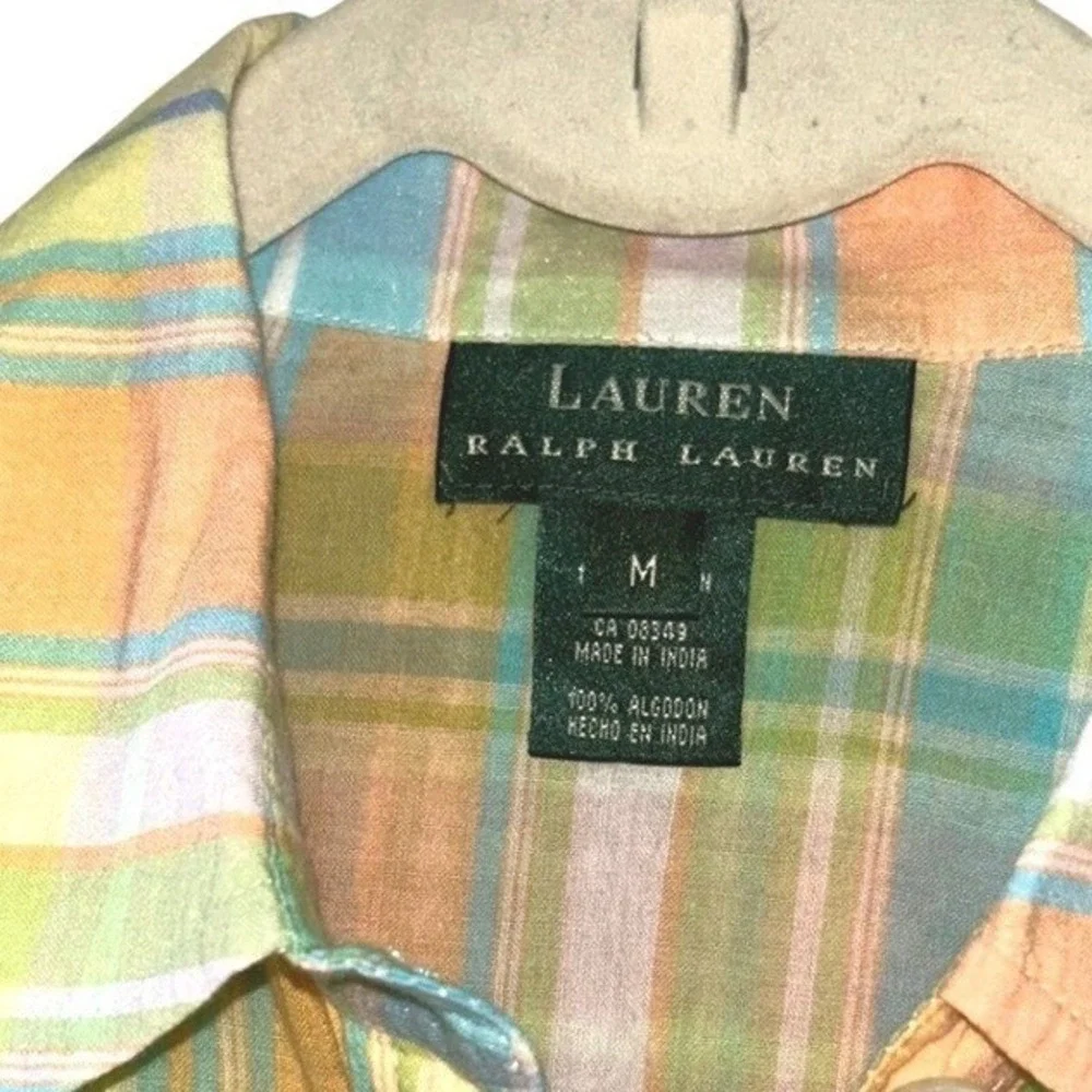 Lauren Ralph Lauren Womens‎ Pastel Plaid Cotton Button Down Shirt Green Orange M - Picture 2 of 4